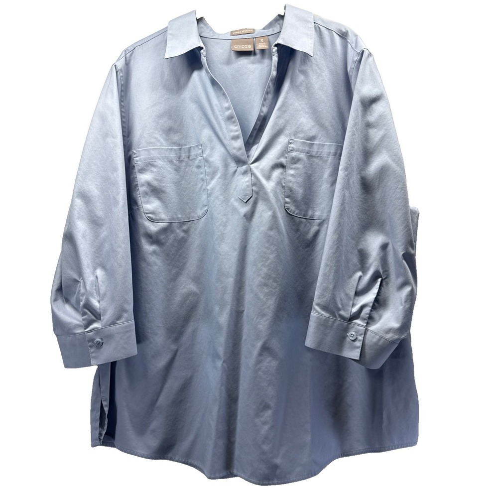 Chicos Women's Popover Top Size XL Solid Blue V Neck 3/4 Sleeve 100% Cotton